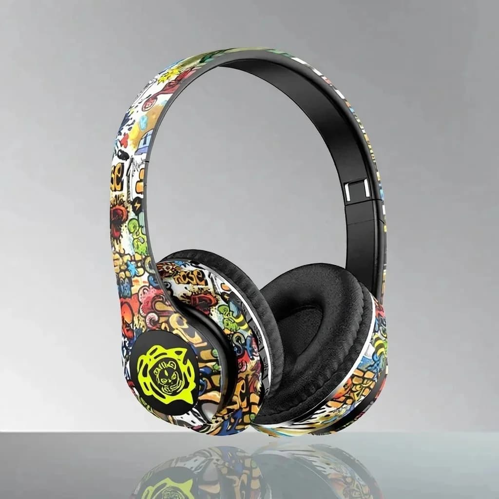 Bezdrôtové Bluetooth slúchadlá cez uši s graffiti dizajnom, skladacie