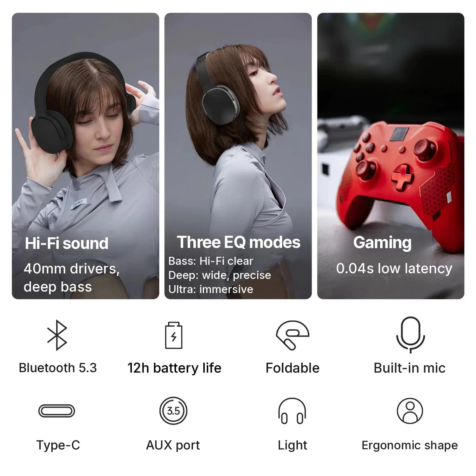 Bezdrôtové slúchadlá cez uši Bluetooth s tromi režimami EQ a mikrofónom