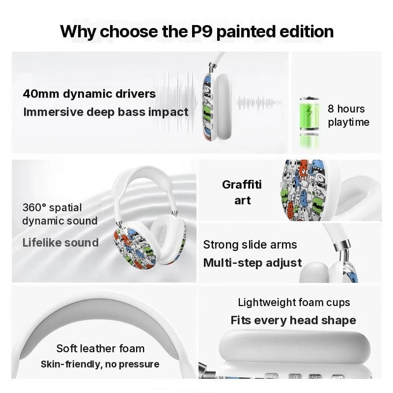 Graffiti slúchadlá cez uši s Bluetooth, FM rádiom a slotom na TF kartu