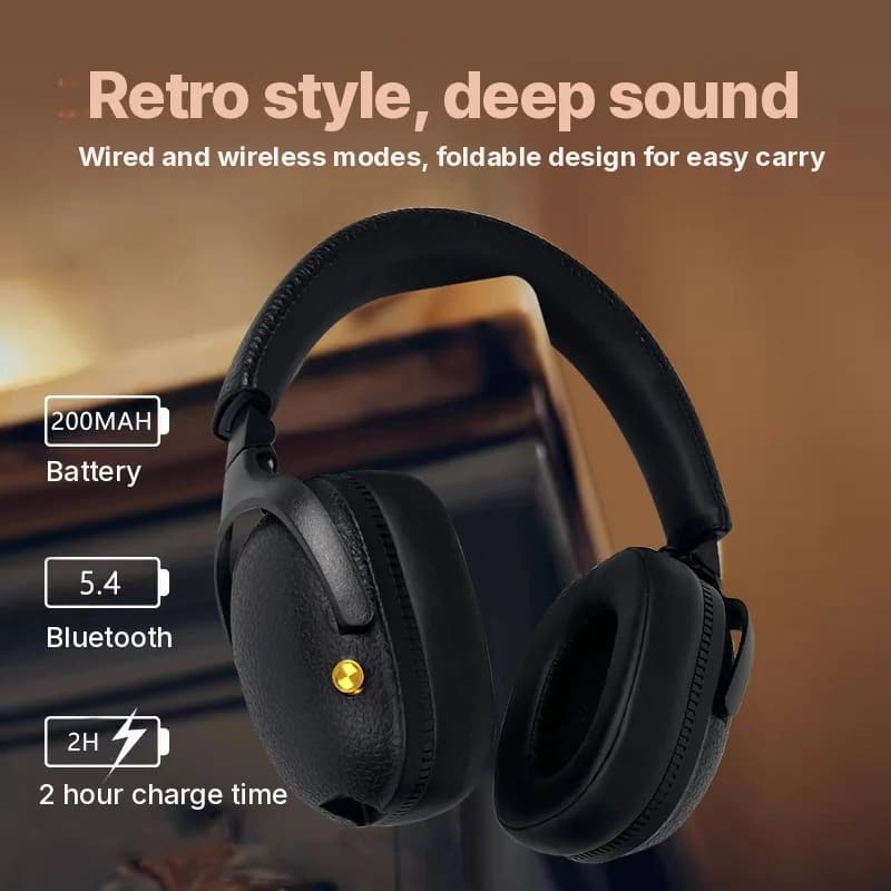 Retro bezdrôtové slúchadlá cez uši s nabíjaním Type-C a slotom na TF kartu